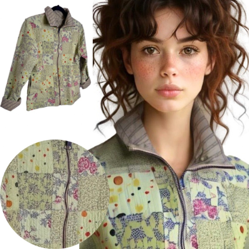 Parsley & Sage Reversible Quilted Jacket Patchwork Mustard Yellow Olive Floral M
